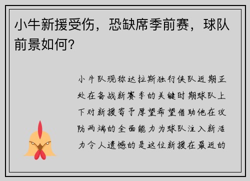 小牛新援受伤，恐缺席季前赛，球队前景如何？
